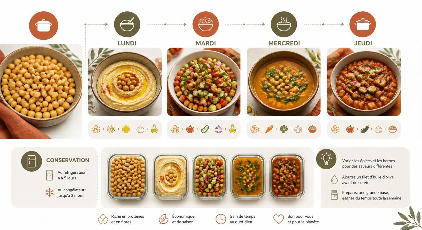 Infographie d'un planning de batch cooking de légumineuses sur la semaine