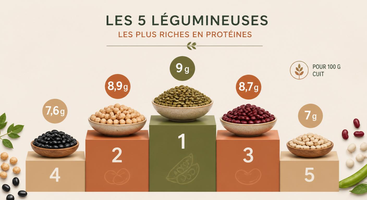 Infographie podium des cinq légumineuses les plus riches en protéines pour 100 g cuit