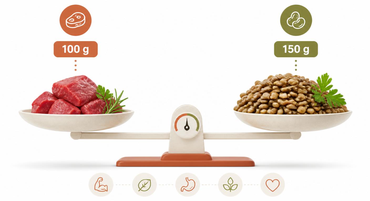 Infographie équivalence 100 g viande contre 150 g lentilles cuites