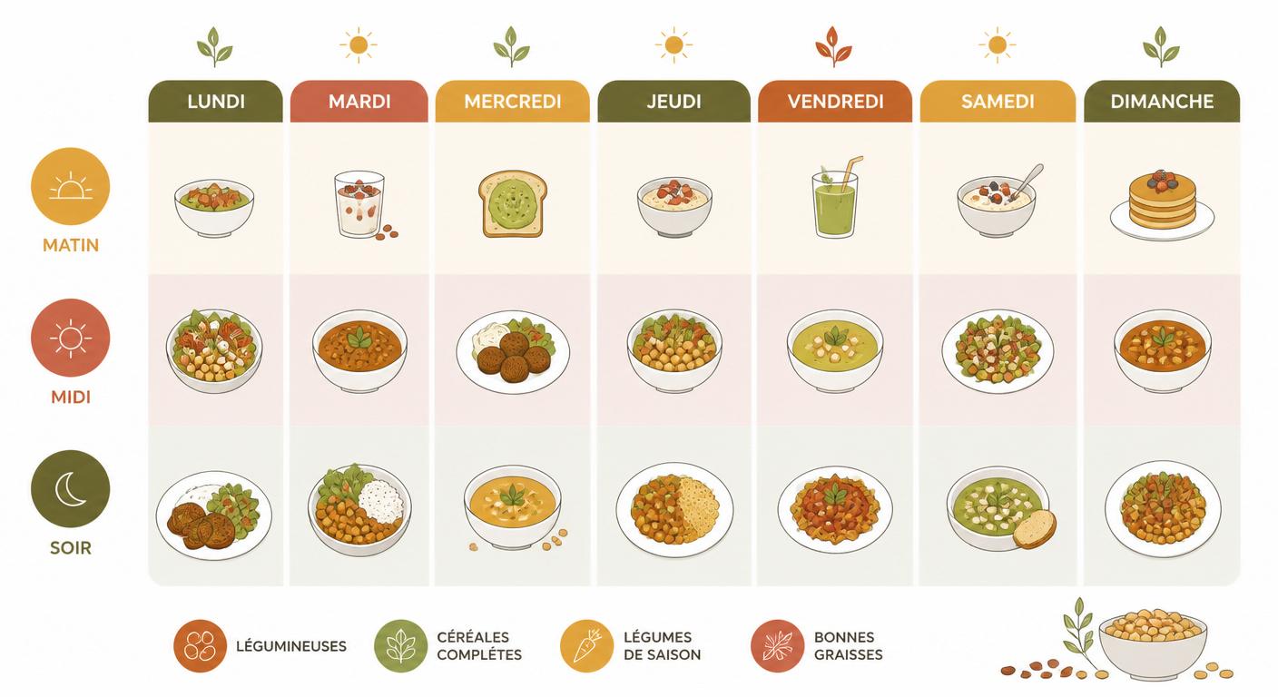 Infographie semaine type intégrant les légumineuses du petit déjeuner au dîner