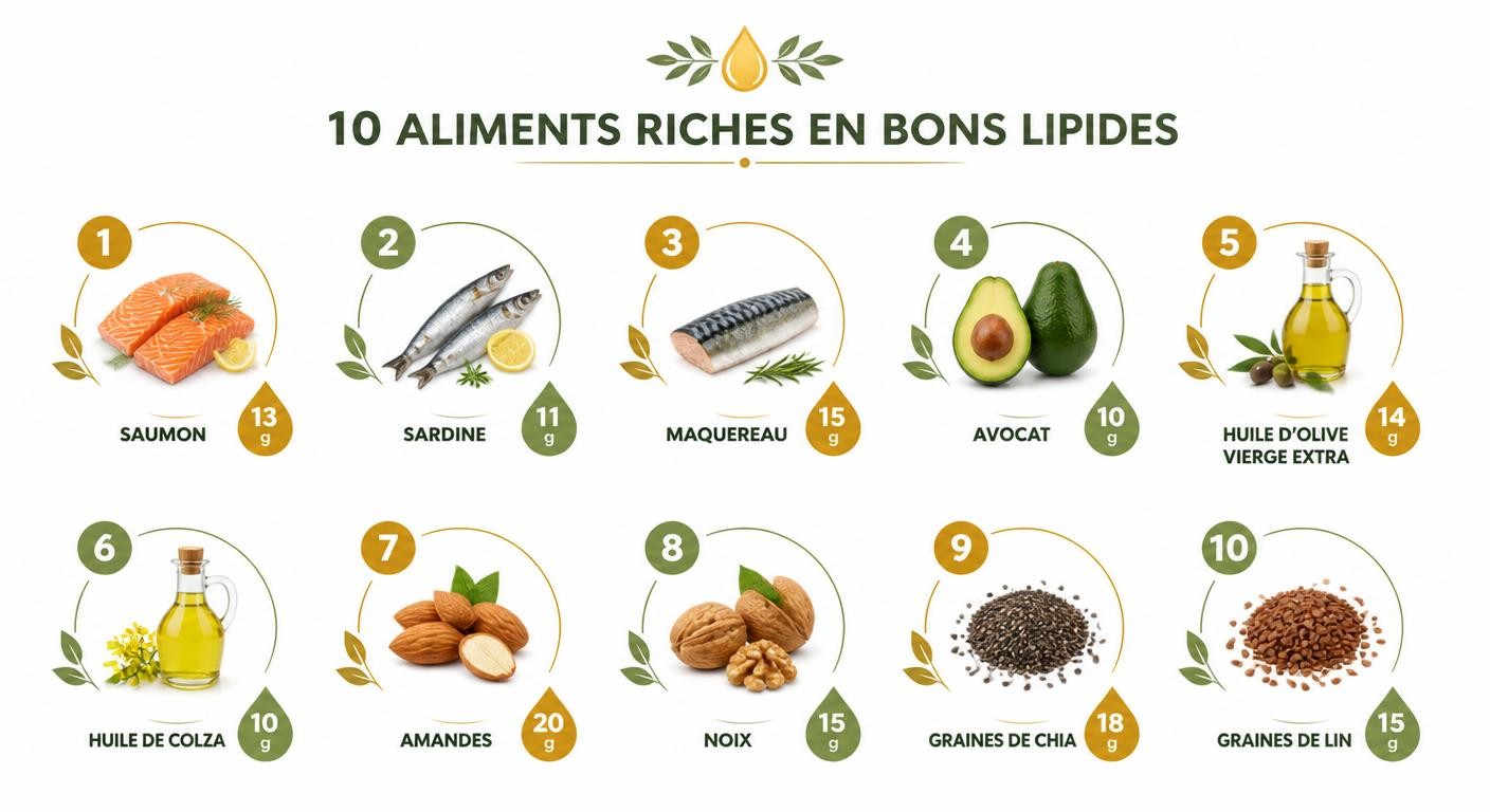 Infographie des dix meilleures sources de bons lipides à privilégier