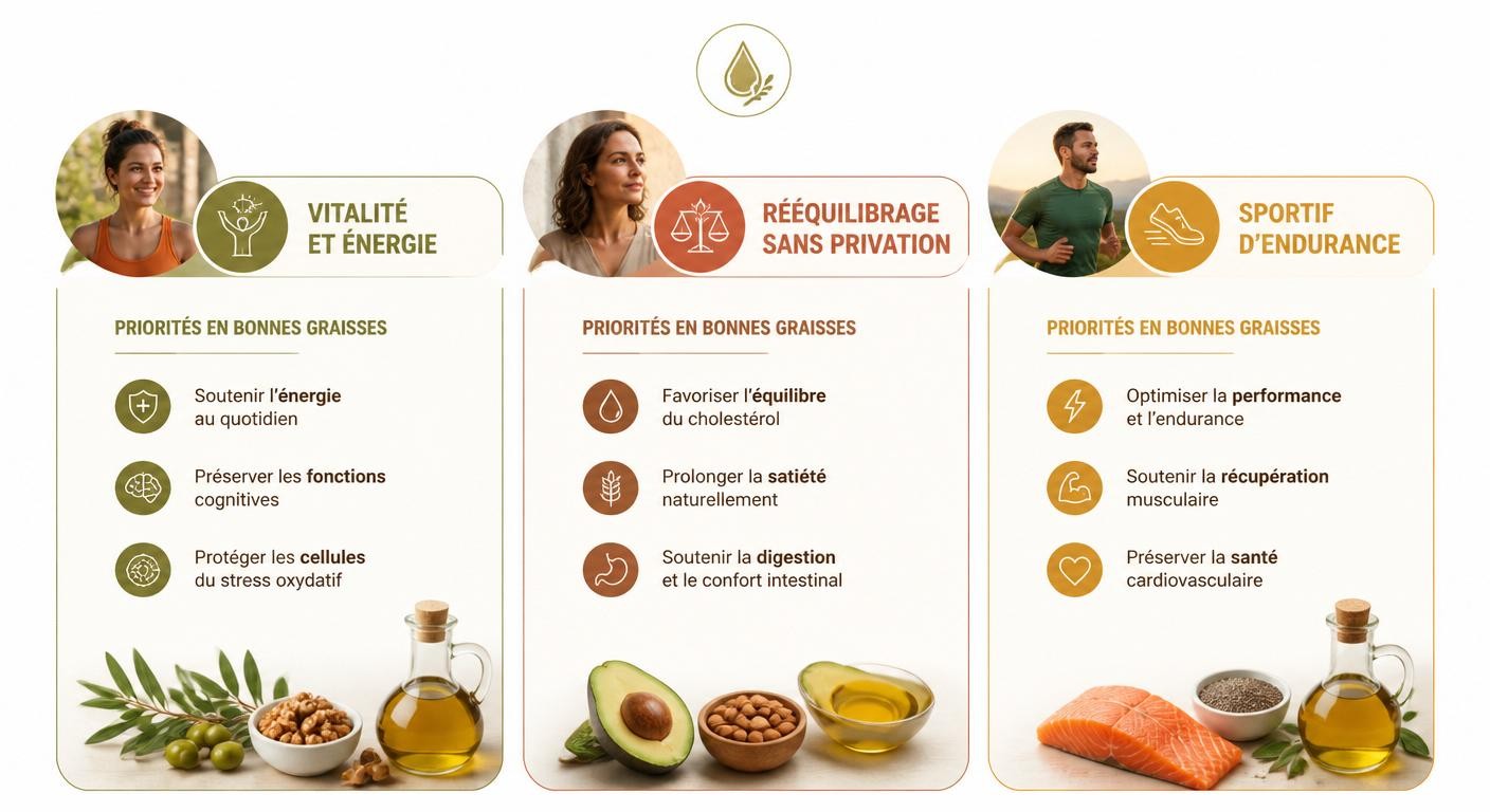 Infographie des besoins en bonnes graisses selon trois profils de lecteurs