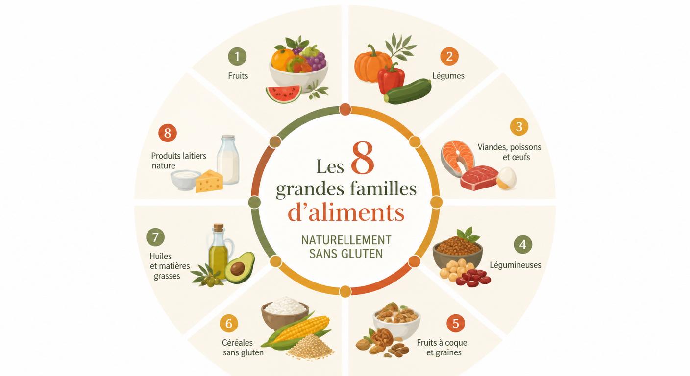Infographie des huit familles d'aliments naturellement sans gluten