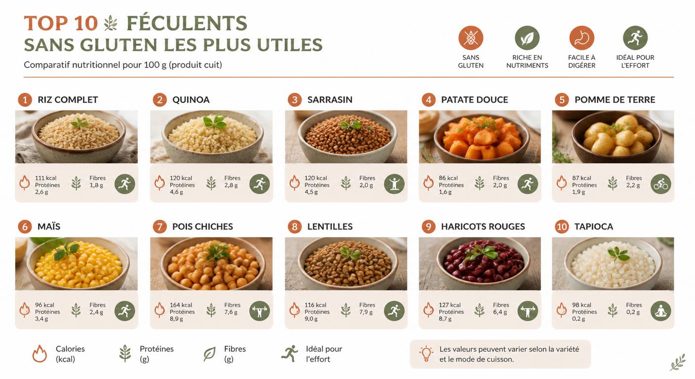 Infographie des dix féculents sans gluten les plus intéressants