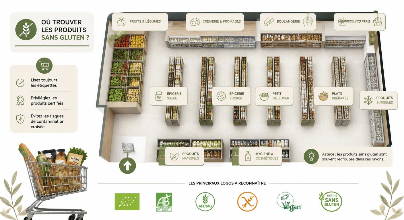 Infographie du parcours en supermarché pour acheter sans gluten