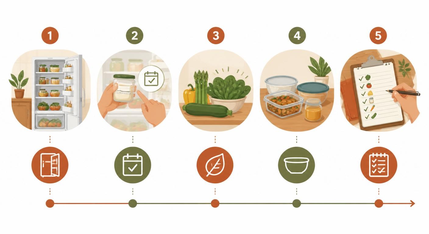 Infographie de la méthode d'inventaire frigo et placards avant les courses anti-gaspi