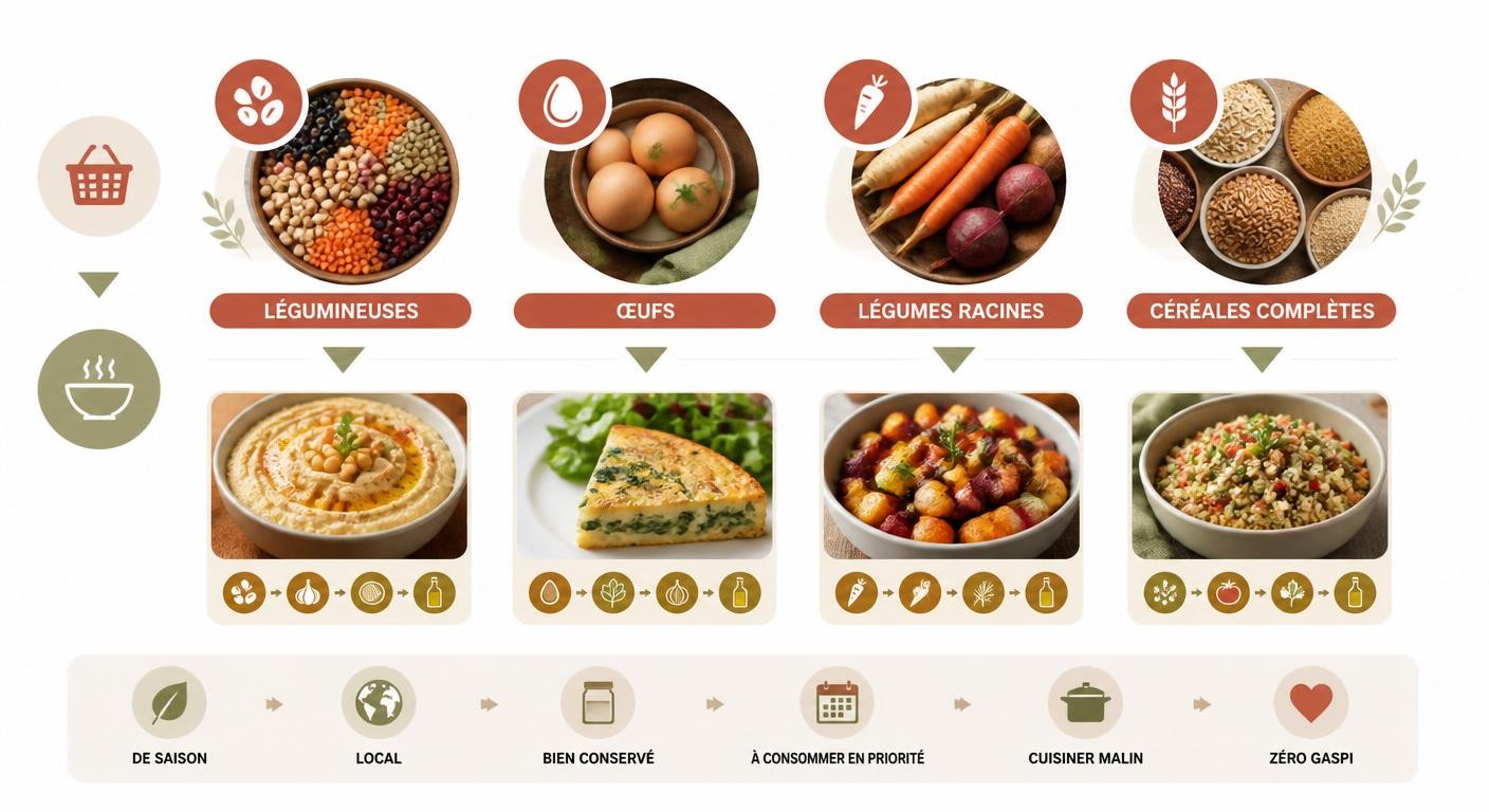 Infographie des aliments polyvalents et durables pour une liste de courses anti-gaspi