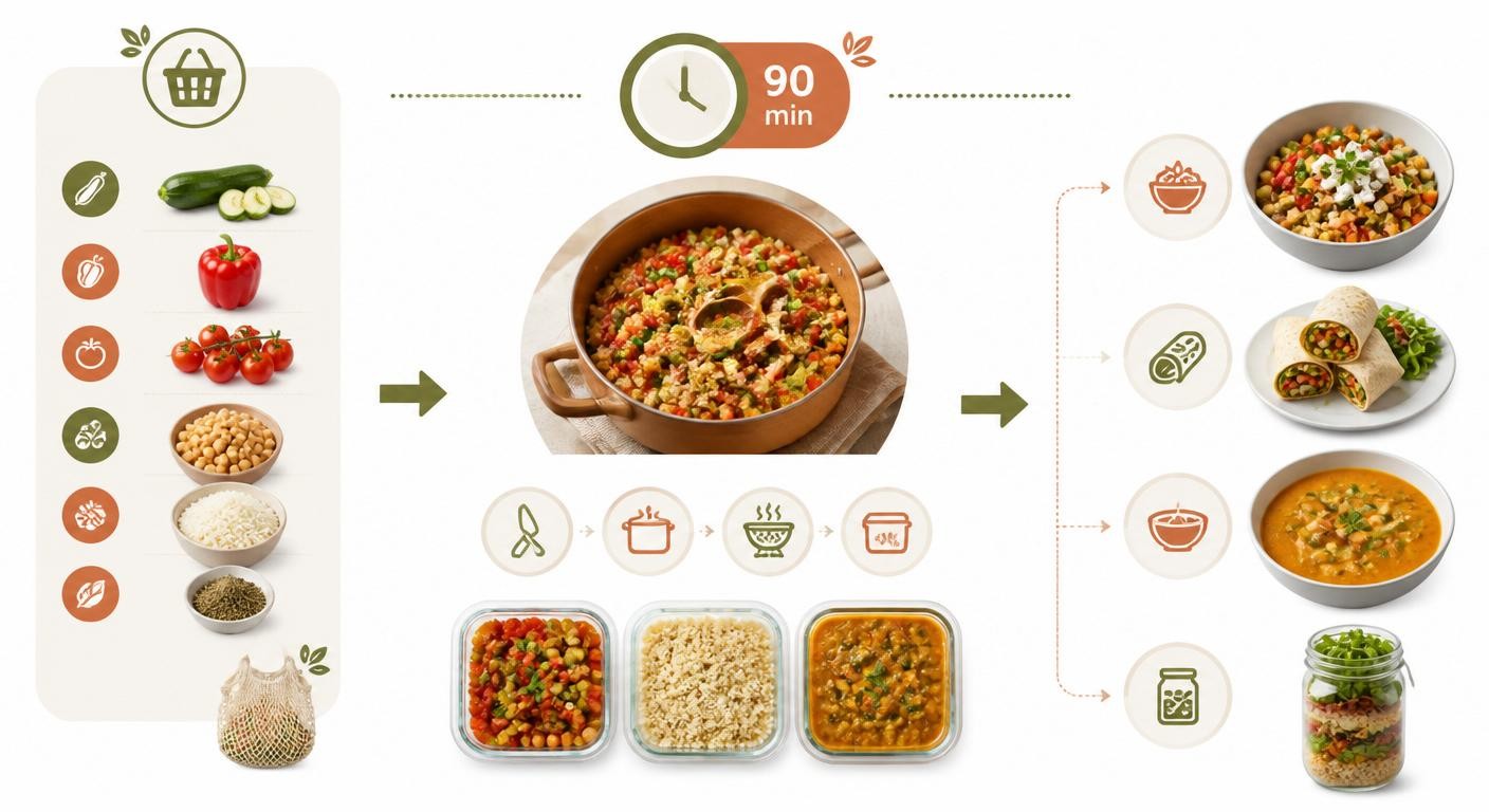 Infographie reliant liste de courses anti-gaspi et batch cooking