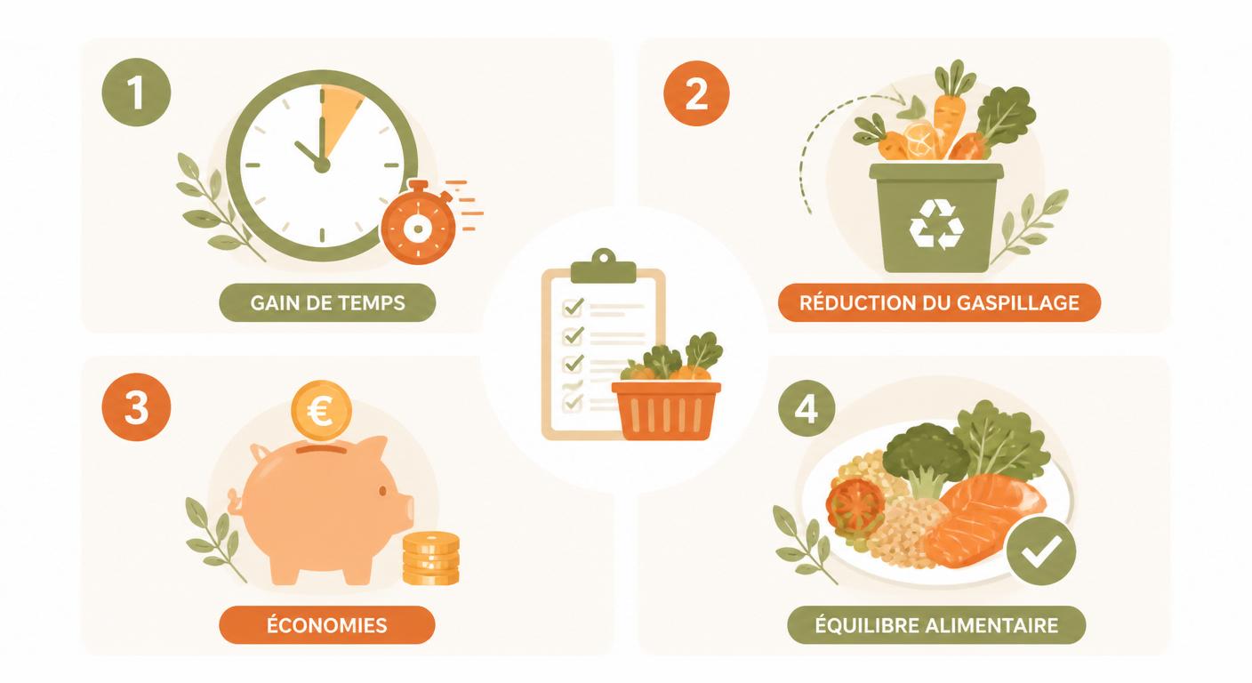 Infographie présentant les quatre bénéfices d'une liste de courses batch cooking