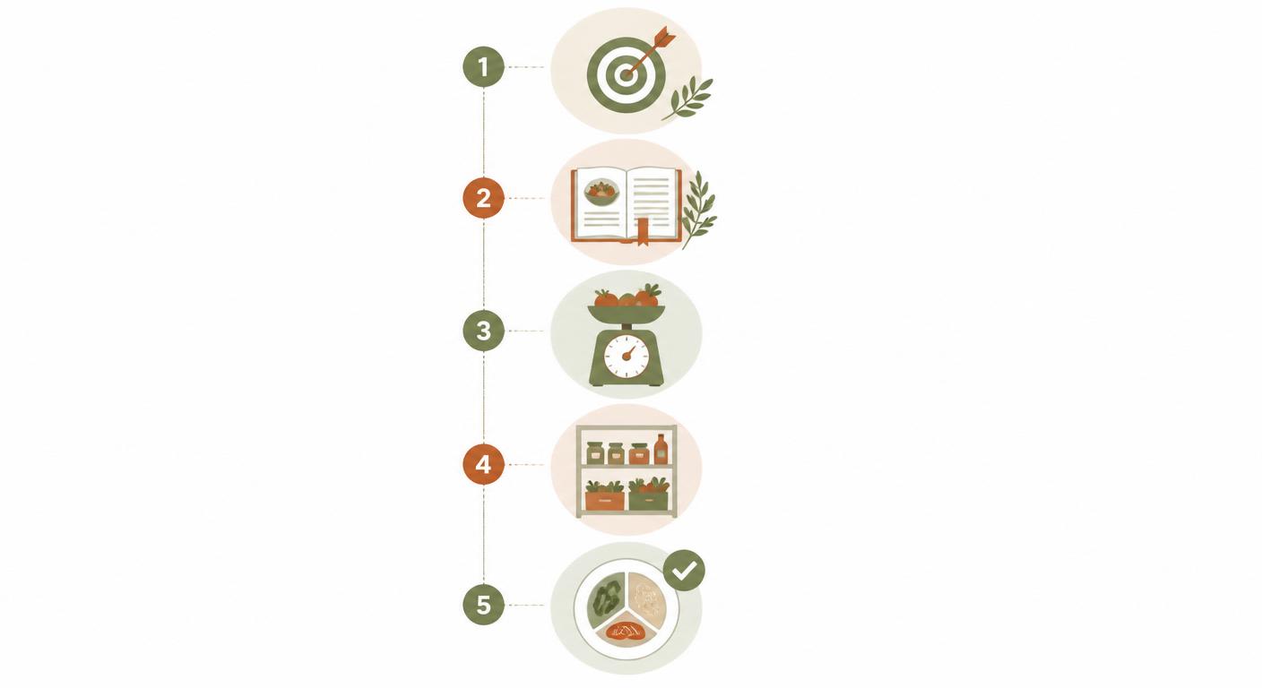 Infographie illustrant les cinq étapes pour construire une liste de courses batch cooking