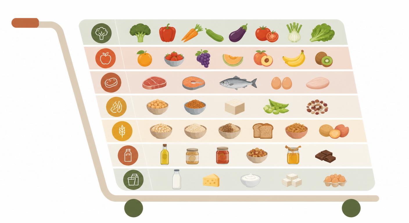 Infographie d'un modèle de liste de courses batch cooking organisée par rayon