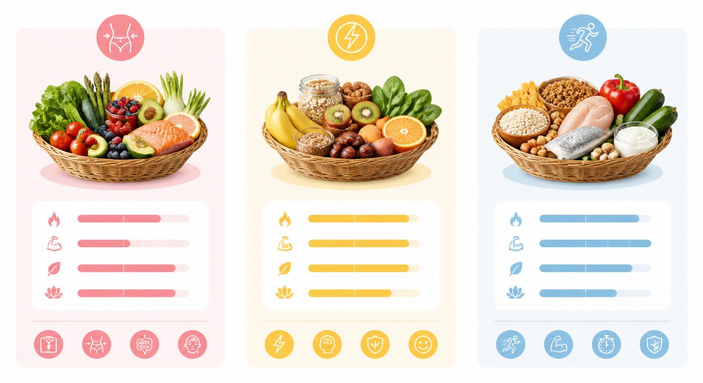 Infographie comparative de trois listes de courses batch cooking par profil