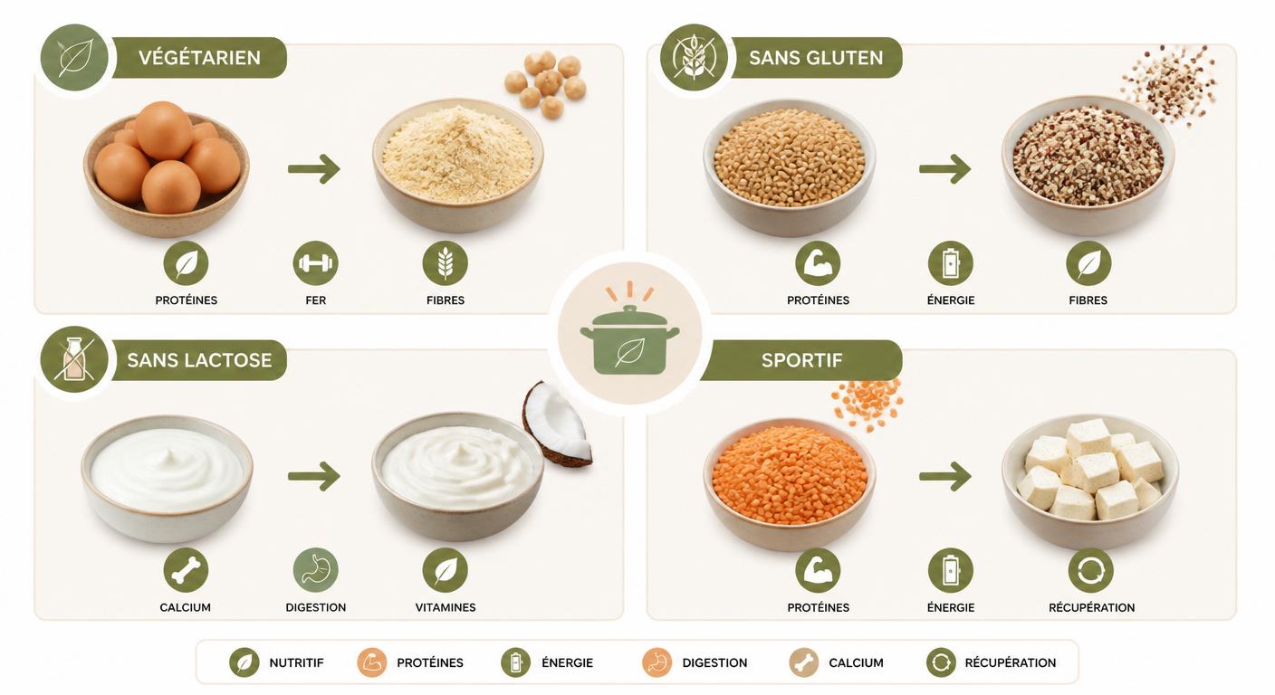 Infographie des adaptations de la liste de courses batch cooking selon les régimes spécifiques