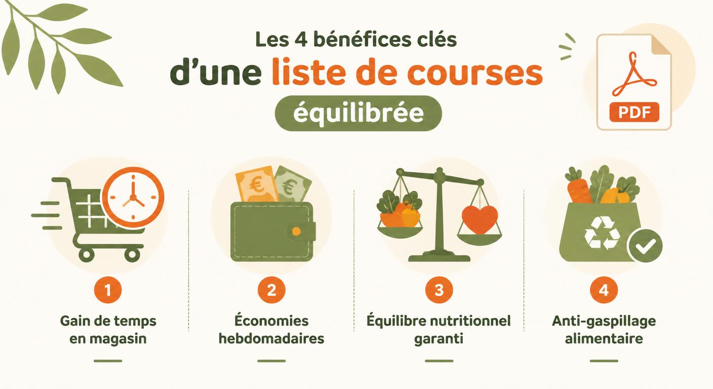 Infographie présentant les 4 bénéfices d'une liste de courses équilibrée en PDF