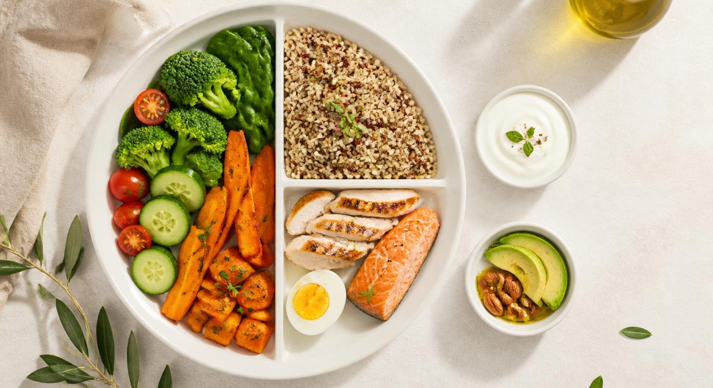 Assiette équilibrée illustrant les cinq familles d'aliments à intégrer dans une liste de courses saine