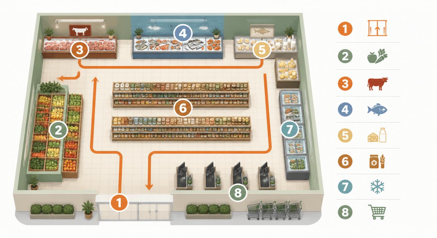 Parcours optimal en supermarché pour suivre une liste de courses équilibrée par rayon