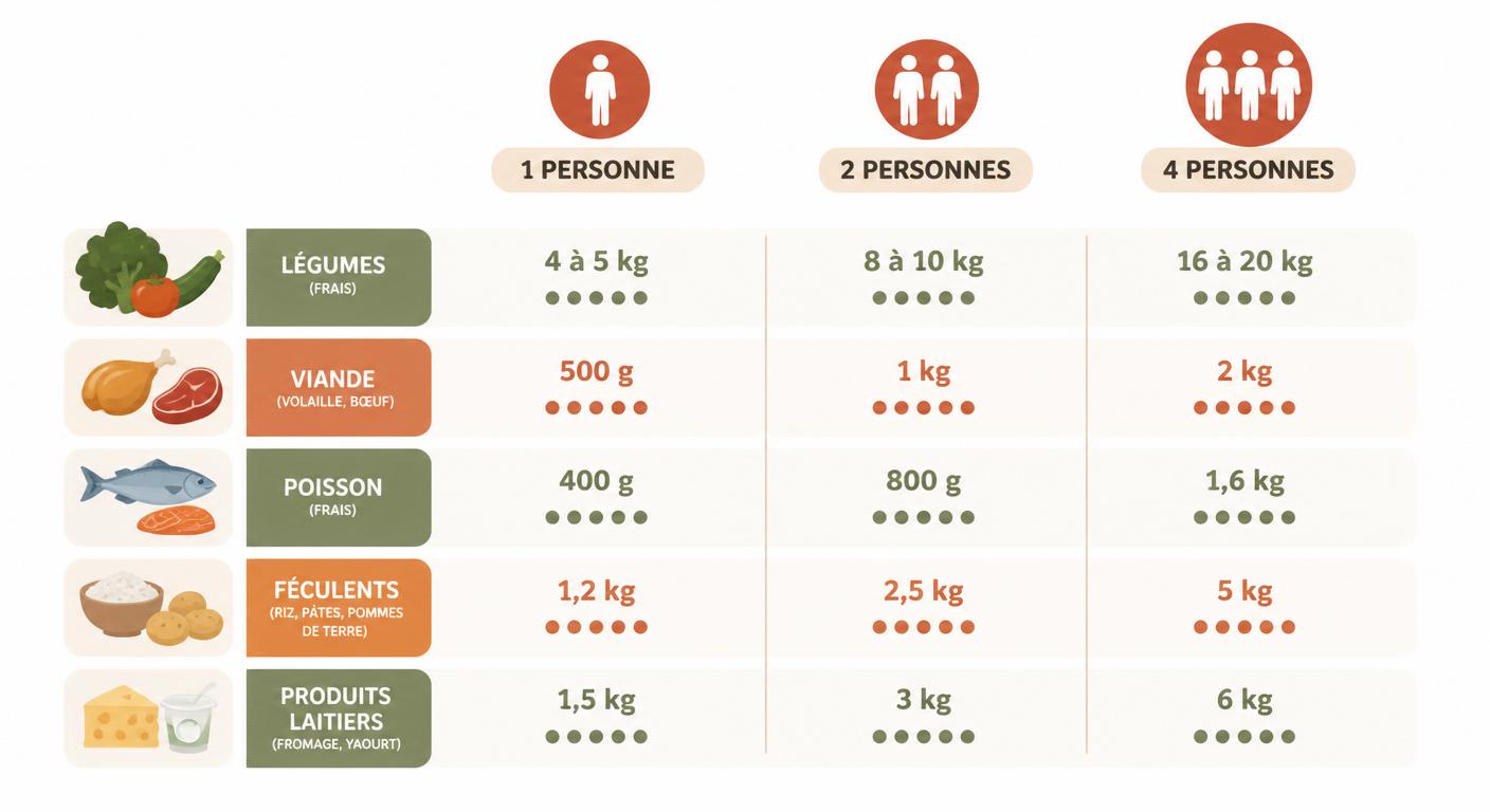 Comparatif des quantités hebdomadaires d'aliments selon que le foyer compte 1, 2 ou 4 personnes