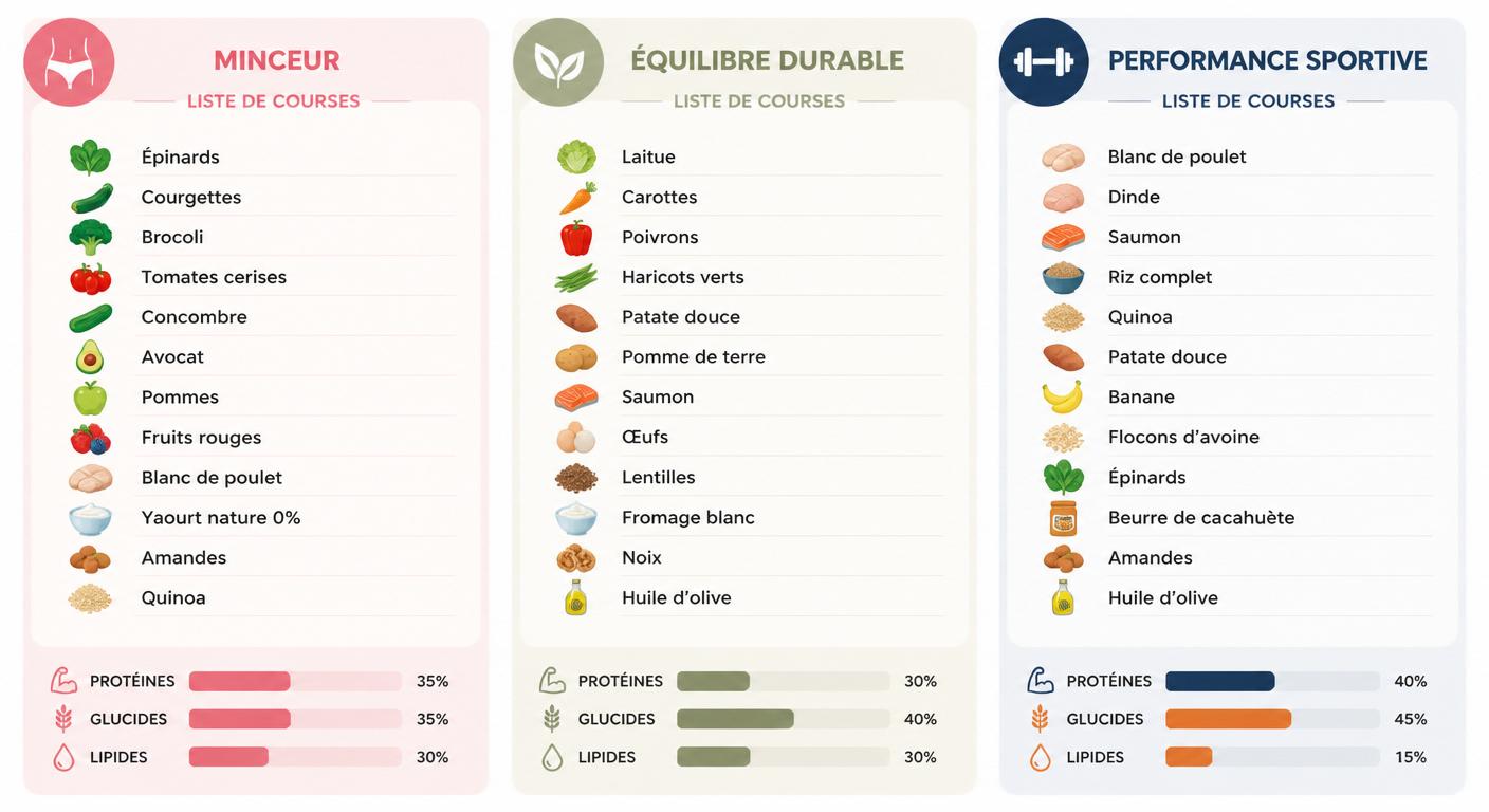 Trois variantes de liste de courses adaptées aux objectifs minceur, équilibre et performance sportive