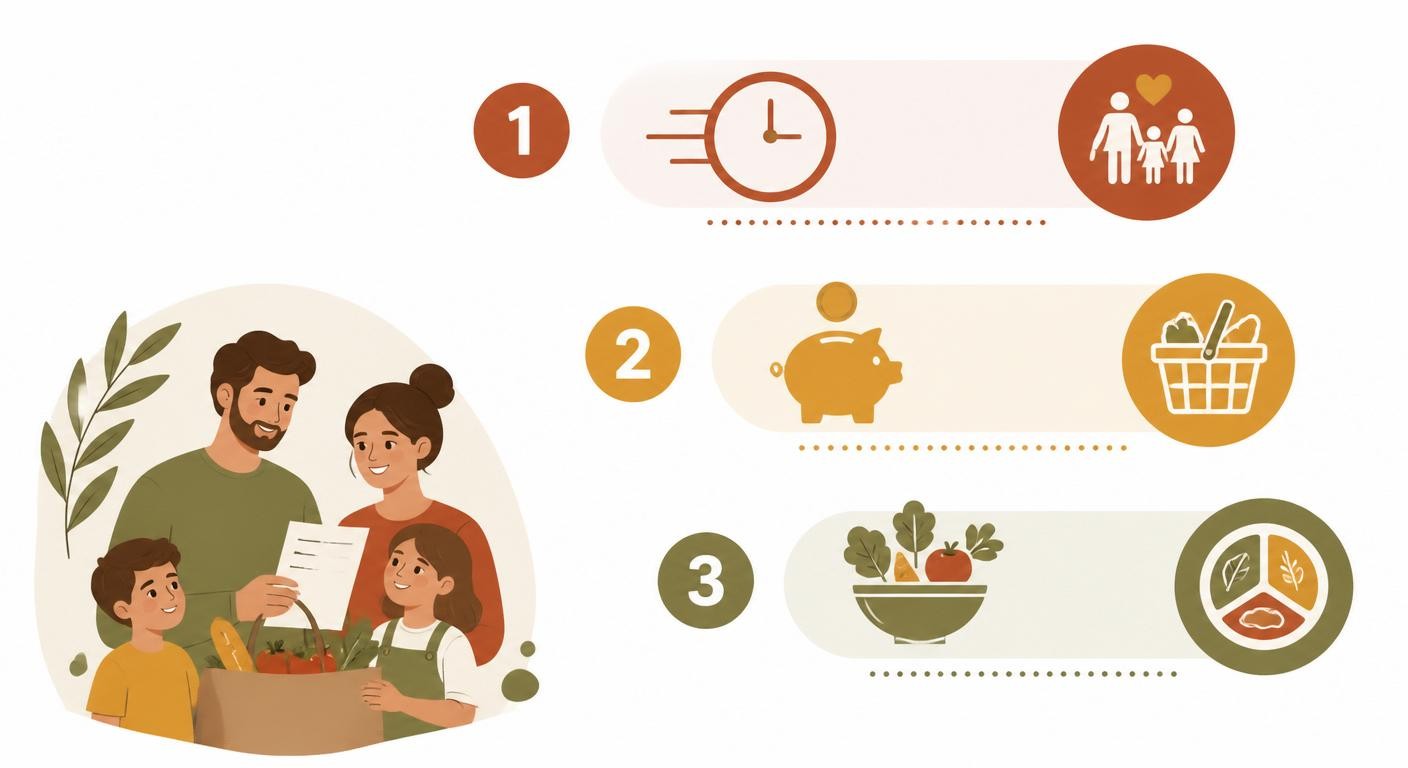 Infographie des trois bénéfices d'une liste de courses planifiée pour une famille de 4