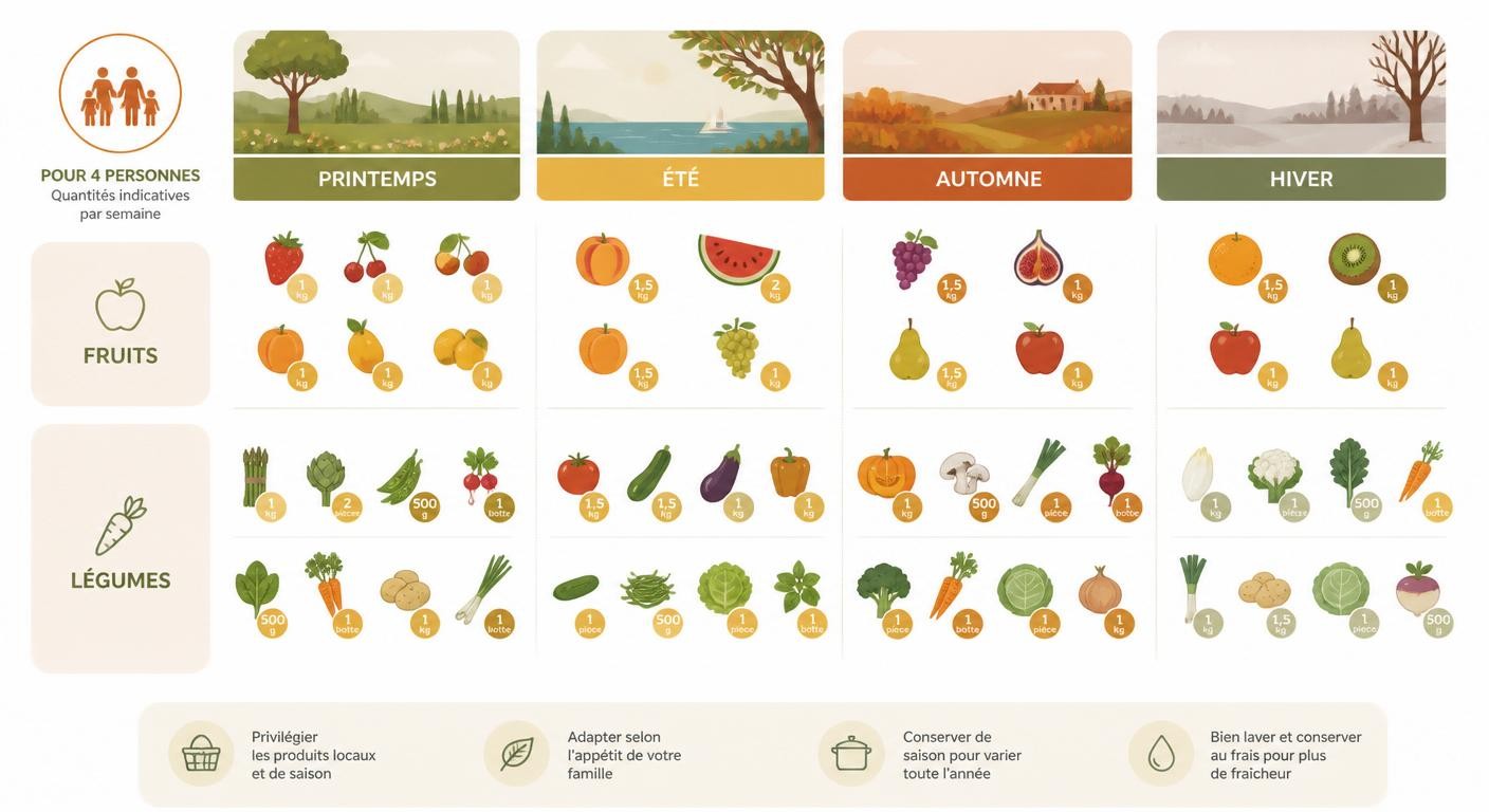 Infographie des fruits et légumes de saison à acheter pour une famille de 4