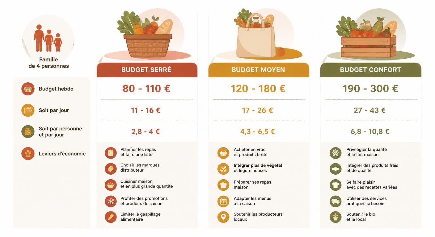 Infographie comparant trois niveaux de budget courses pour une famille de 4
