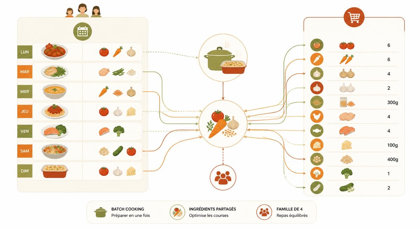 Infographie reliant le planning de repas et la liste de courses en batch cooking pour une famille de 4