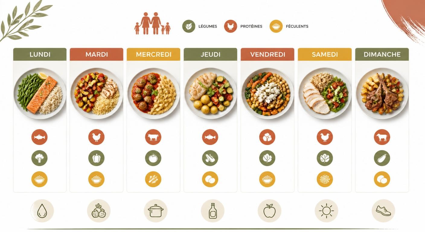 Infographie d'un planning de 7 repas équilibrés pour une famille de 4