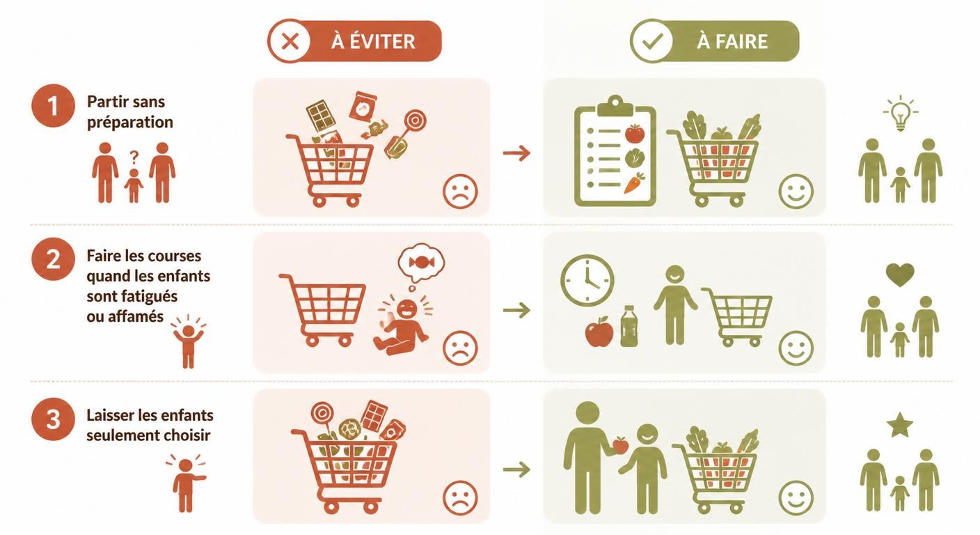 Infographie des trois erreurs à éviter quand on fait ses courses en famille