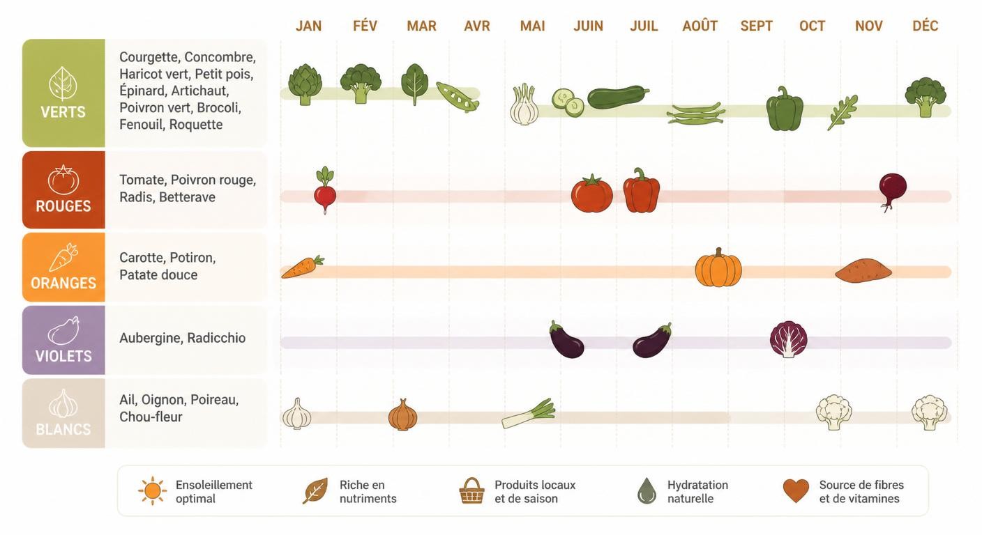 Légumes méditerranéens classés par couleur et saison pour le régime méditerranéen