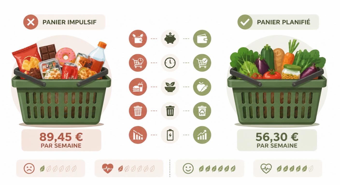 Comparatif visuel d'un panier impulsif et d'un panier planifié sain et économique