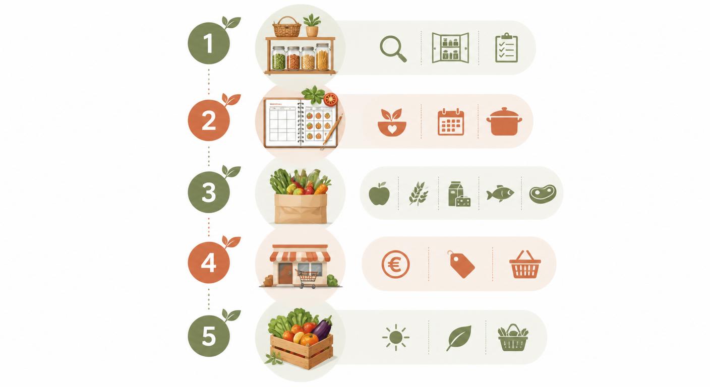 Infographie des cinq étapes pour faire une liste de courses saine à moindre coût