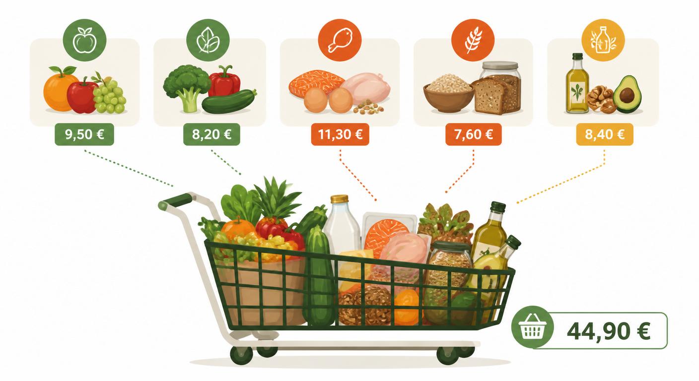 Infographie de la liste de courses saine pour une semaine totalisant 45 euros environ
