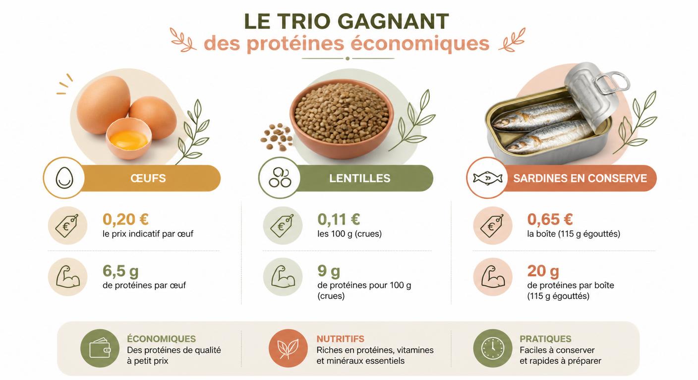 Infographie du trio gagnant œufs lentilles sardines avec apports nutritionnels et prix