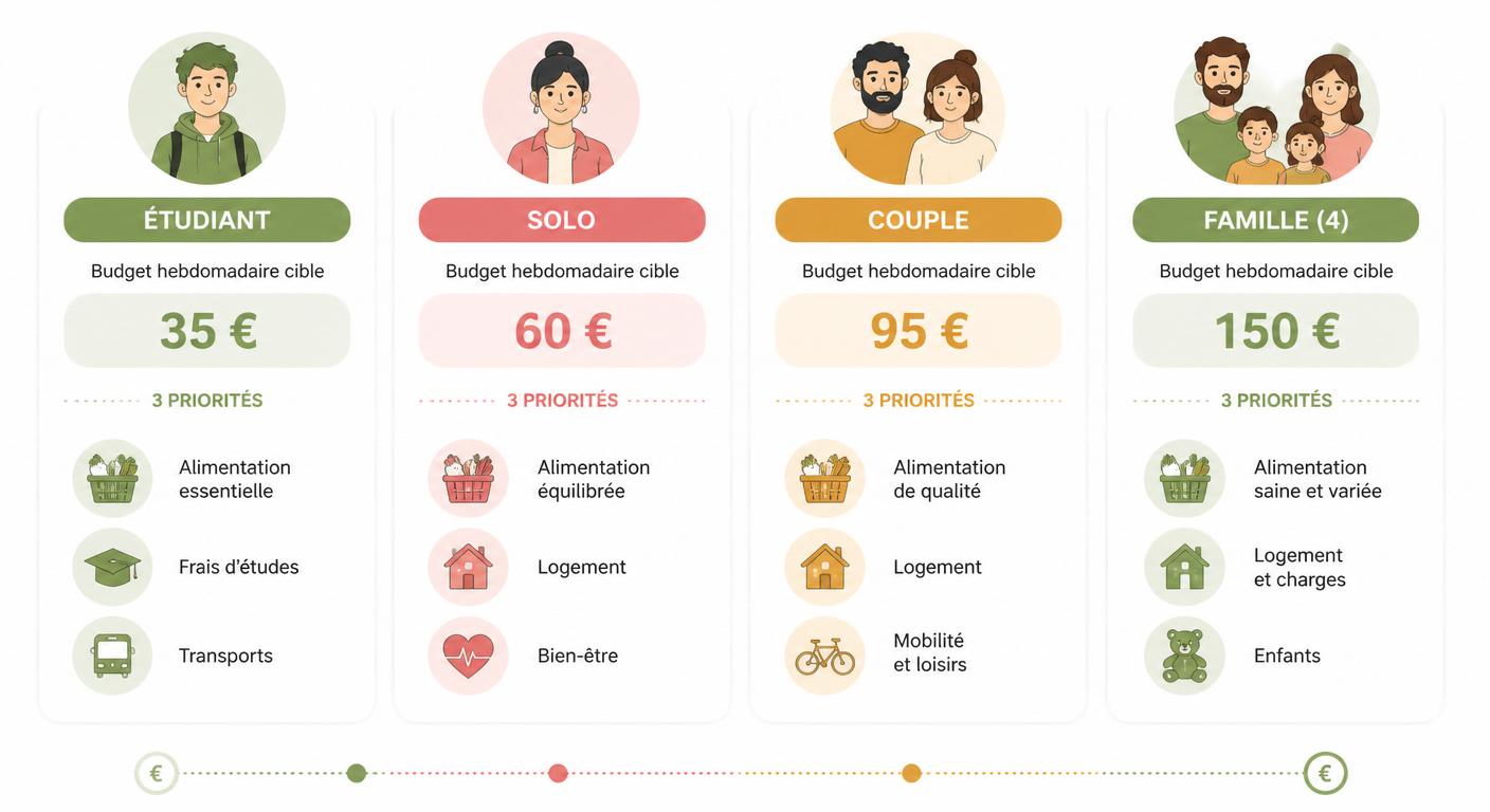 Infographie comparant les budgets de courses saines pour étudiant solo couple et famille