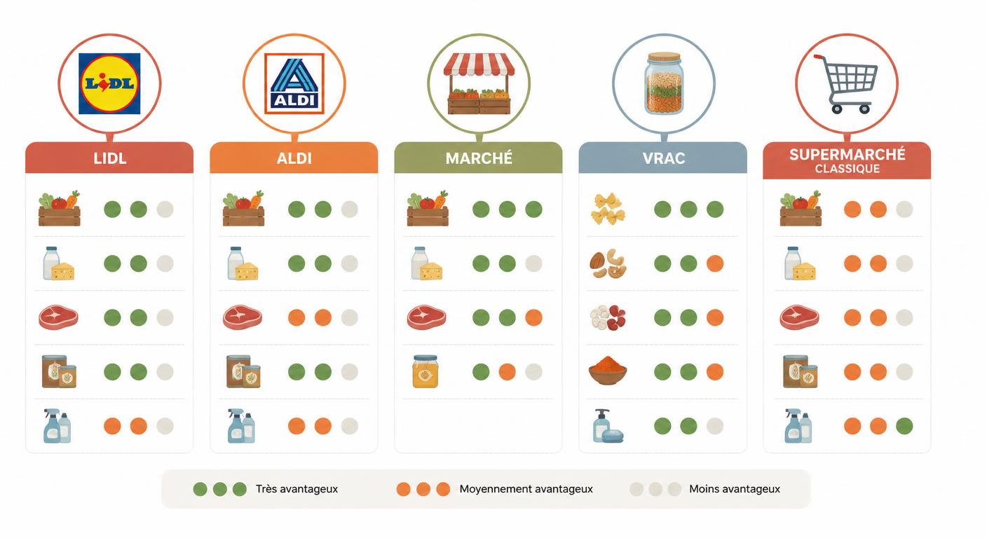 Infographie comparant Lidl Aldi marché vrac et supermarché classique selon les catégories d'aliments