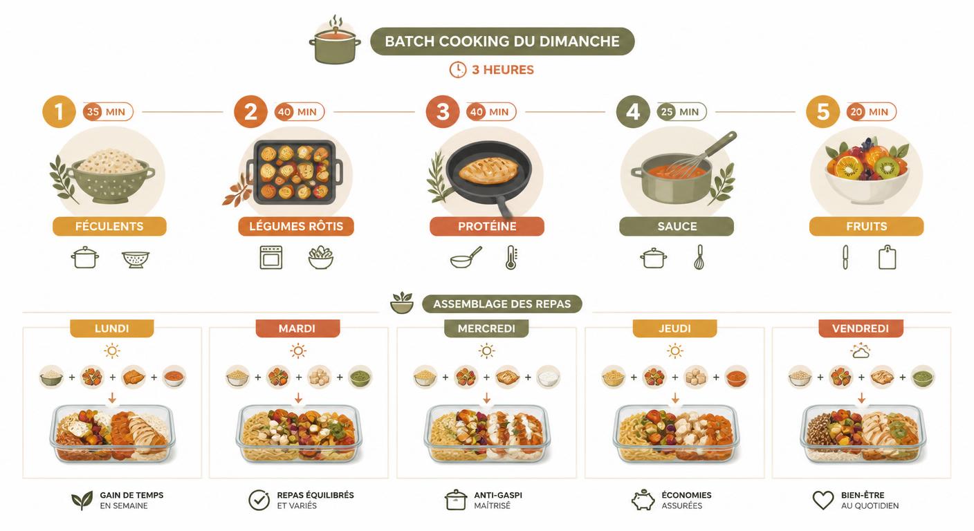 Infographie du calendrier de batch cooking dominical et des cinq préparations de base