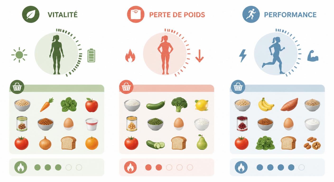 Infographie comparant les listes de courses selon trois objectifs vitalité perte de poids performance