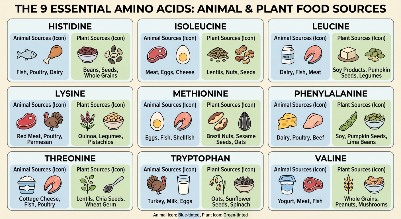 Infographie des 9 acides aminés essentiels avec leurs sources alimentaires