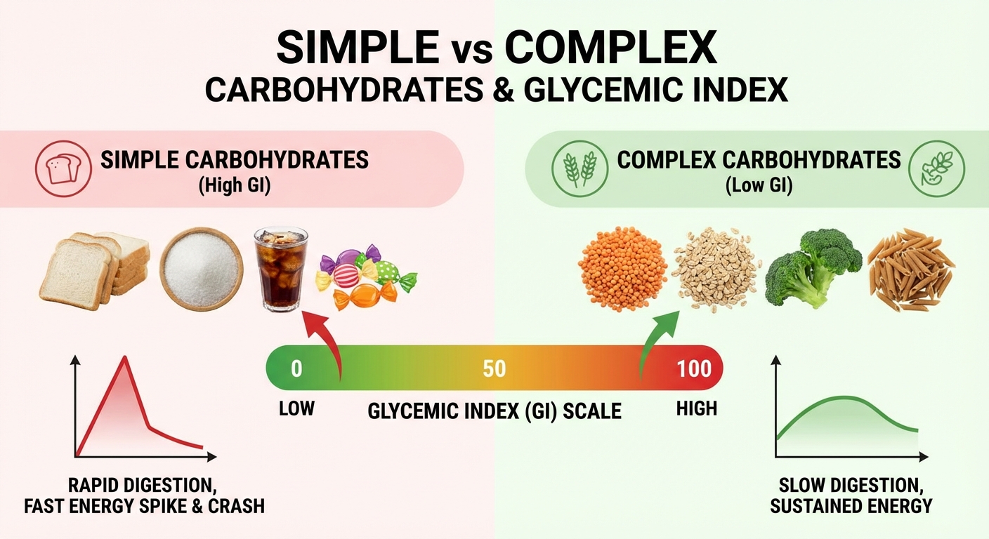 Infographie comparant les glucides simples et complexes selon leur indice glycémique