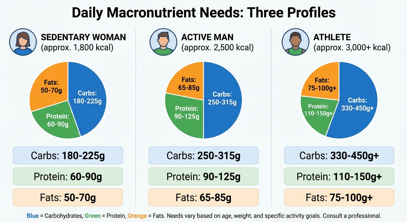 Infographie des besoins journaliers en macronutriments pour trois profils types
