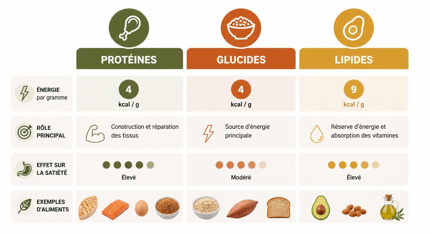 Infographie comparant les rôles et l'apport énergétique des protéines, glucides et lipides
