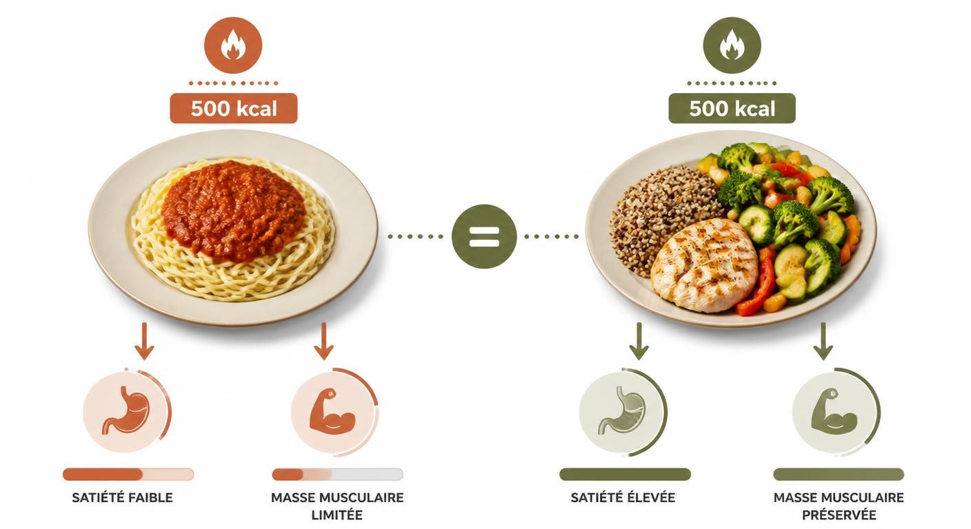 Infographie comparant le comptage des calories seules au calcul des macronutriments pour maigrir