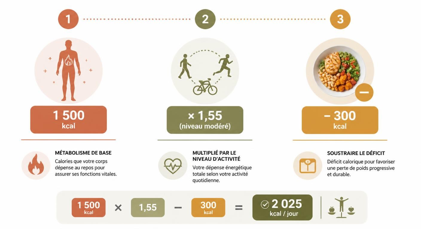 Infographie expliquant le calcul du déficit calorique à partir du métabolisme de base