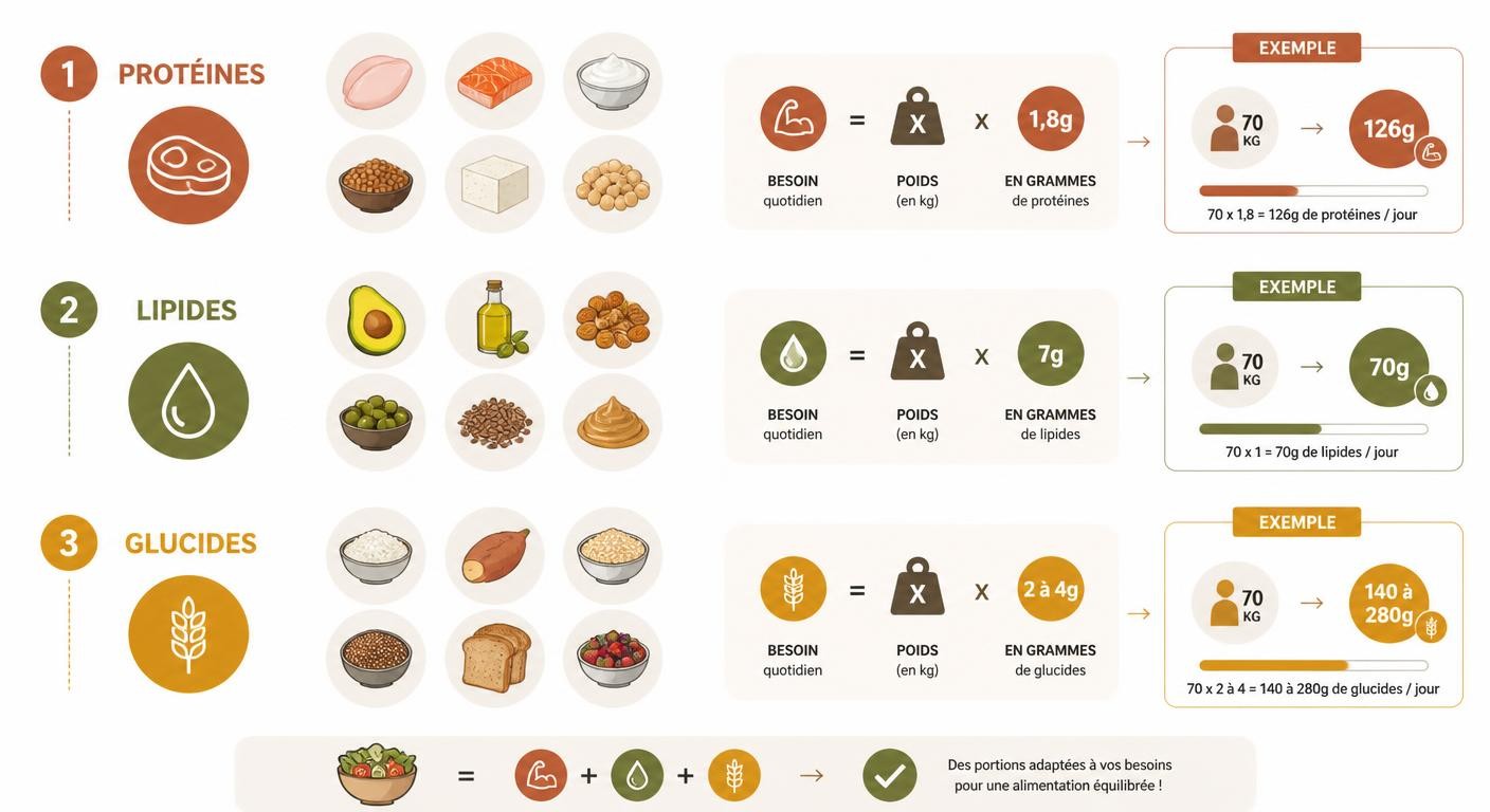 Infographie de la méthode en trois étapes pour calculer ses macros afin de perdre du poids