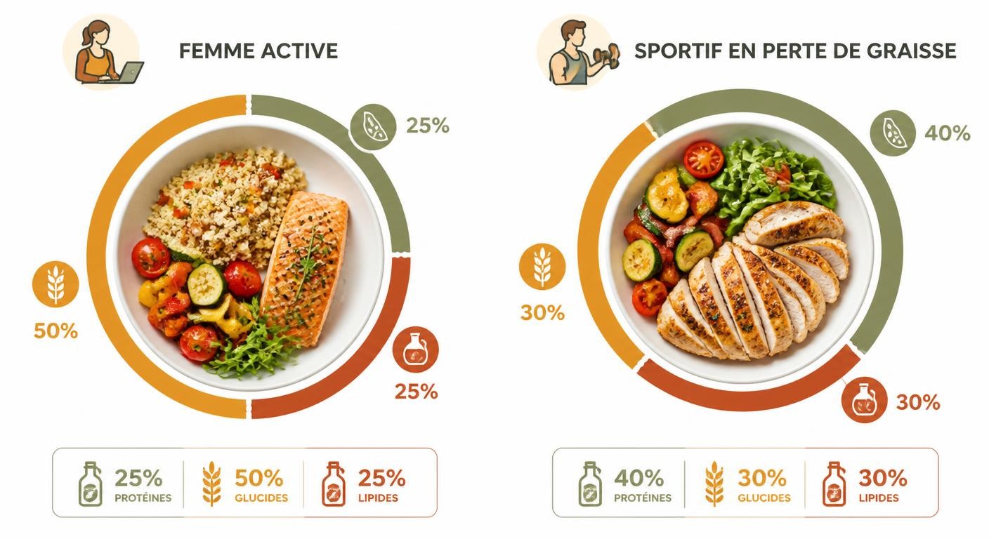 Infographie de répartition des macronutriments selon le profil pour perdre du poids