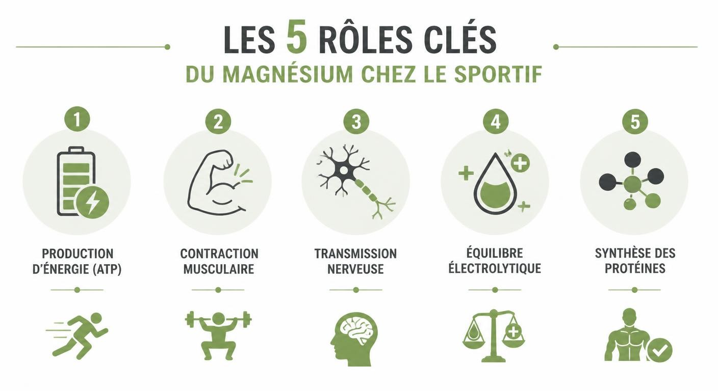 Infographie des cinq rôles du magnésium chez le sportif