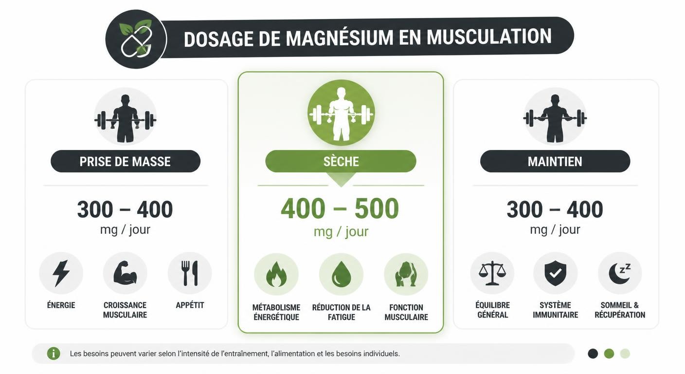 Infographie du dosage de magnésium en musculation selon la phase