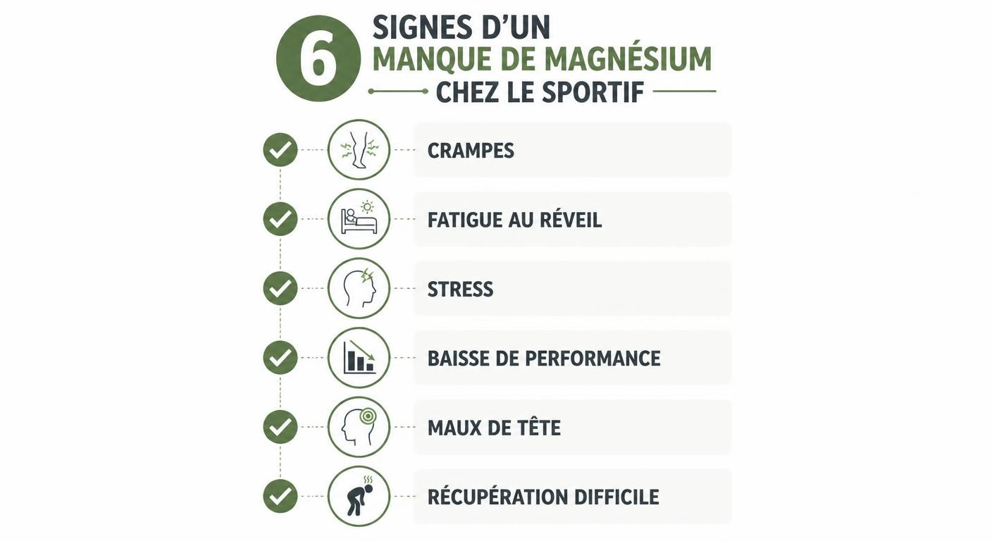 Infographie des six signes d'un manque de magnésium chez le sportif