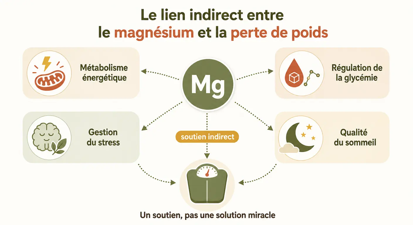 Infographie expliquant le lien indirect entre le magnésium et la perte de poids