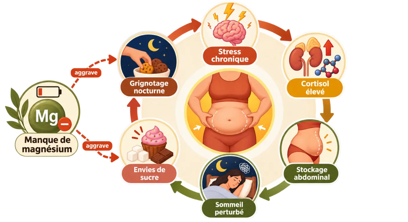 Infographie du cycle stress-cortisol-graisse abdominale lié au magnésium